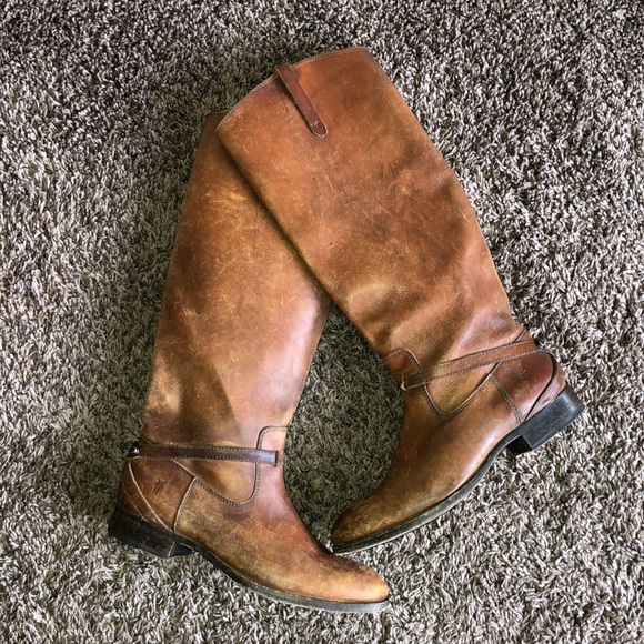 Frye Lindsay Plate Tall Boots: Cognac Brown Distressed, Size 8.5. - Picture 2 of 16